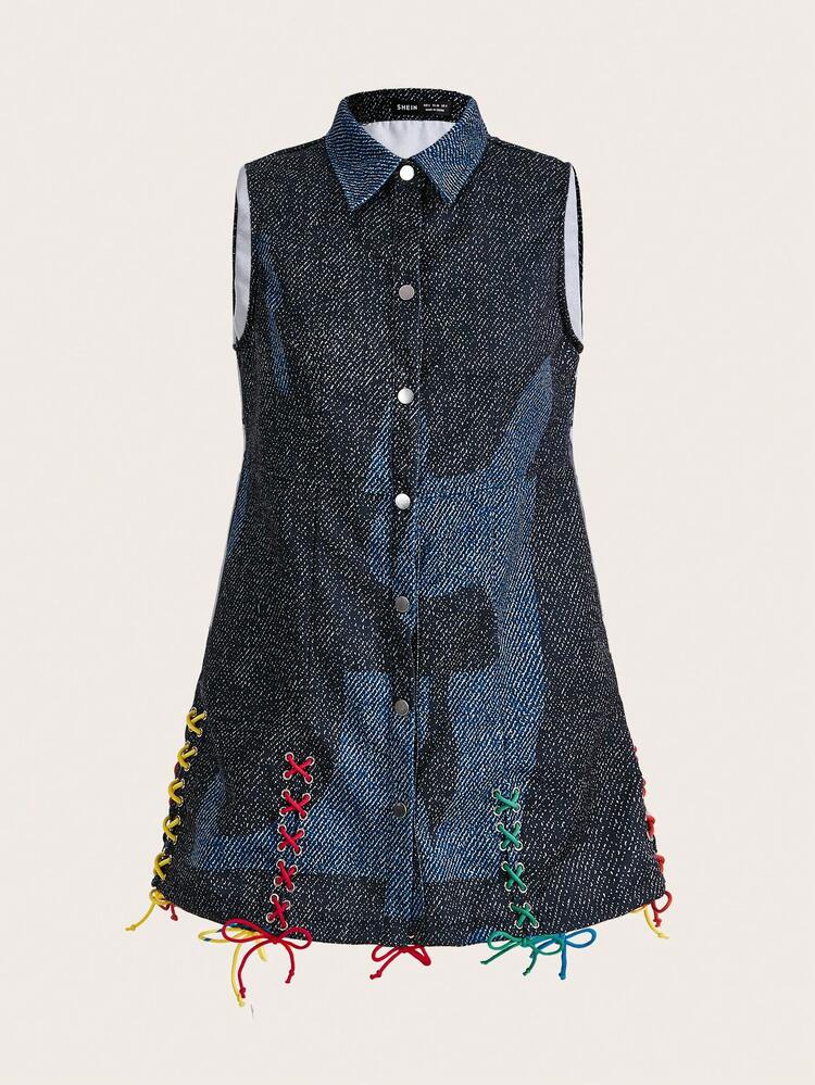 Women's Color Block Sleeveless Tie Waist A-line Dress