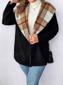 SHEIN LUNE Plus Size Plaid Shawl Collar Coat - Black - View 3