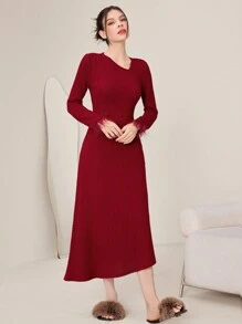 Modelyn Váy dài tay bồng bềnh màu đỏ tía - Màu Đỏ Sâu - Xem 5