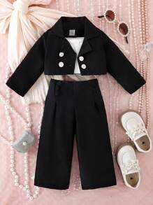 女孩春秋季優雅復古套裝 - 黑色 - 查看 1