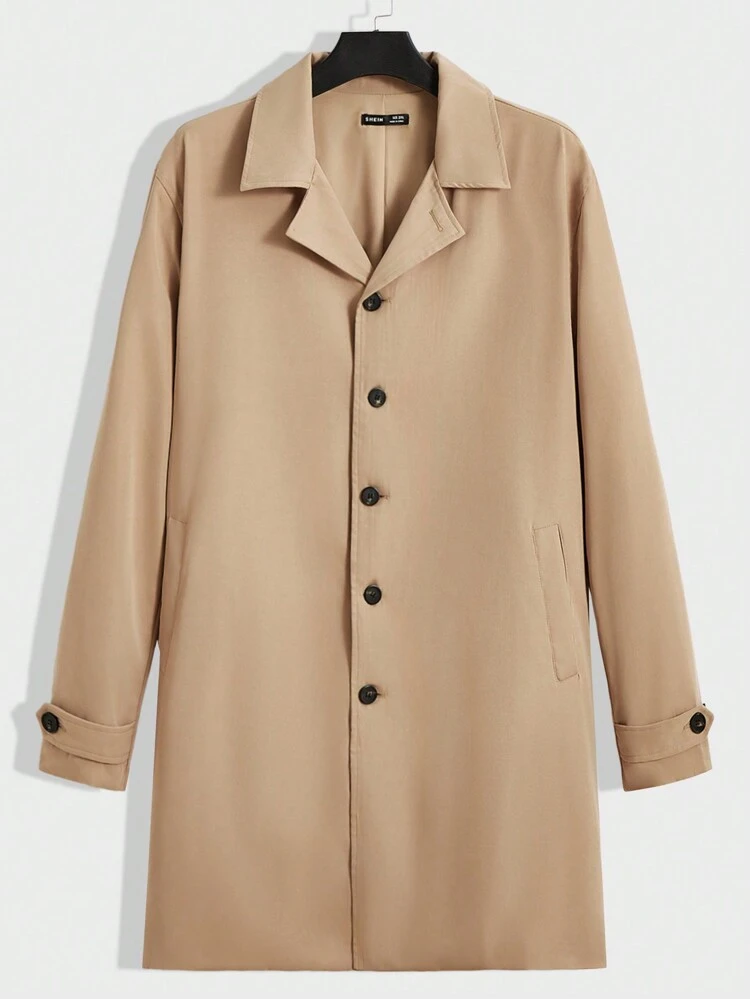 Loose Fit Men's Plus Size Solid Color Trench Coat, For Fall Winter