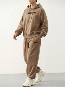 DAZY Men's Letter Printed Drawstring Hoodie And Jogger Pants Two-piece Set - Khaki - View 9