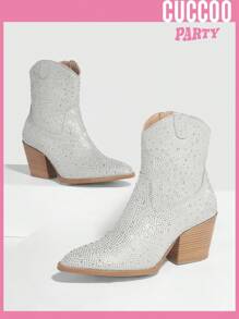 Botas occidentales con tacón ancho y decoración de rhinestones para mujer, ideal para el Día de San Valentín - Plateado - Ver 5