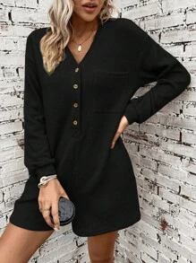 SHEIN LUNE 女款連結半門襟長袖連身褲 - 黑色 - 查看 5