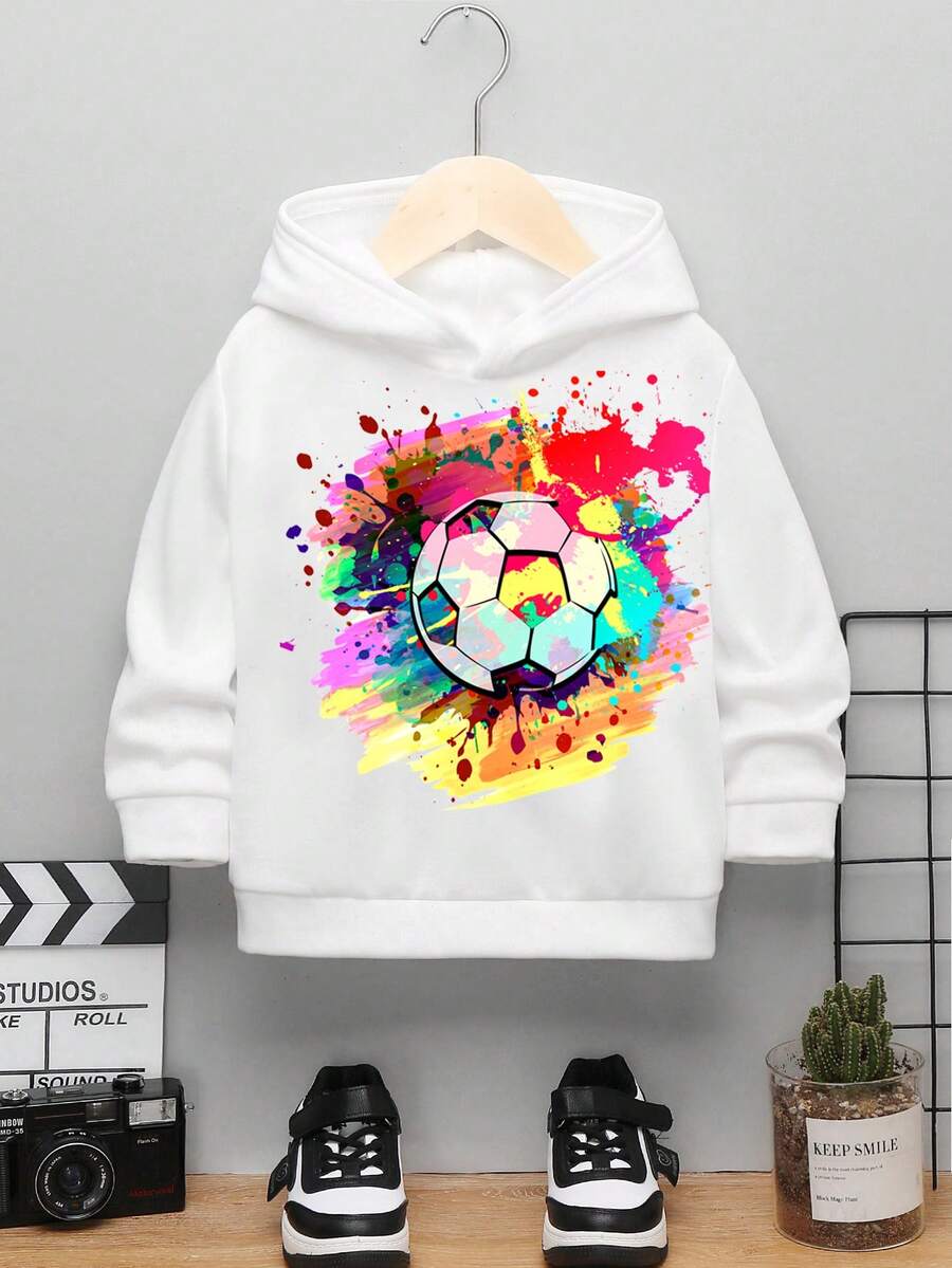 Young Boy Splash Ink & Soccer Print Hoodie - White - View 1