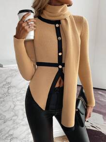 SHEIN LUNE 女士前结不对称下摆毛衣 - 卡其色 - 查看 6