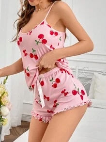 Women's Cherry Print Cami Top And Shorts Pajama Set Holiday Season