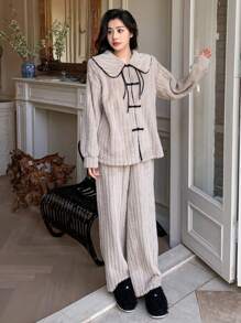 DAZY 撞色流苏法兰绒家居服套装，保暖内衬秋冬睡衣 - 卡其色 - 查看 8