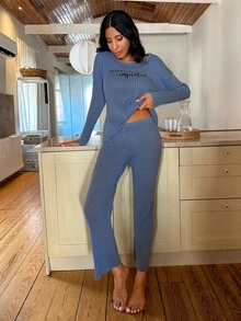 RueChic Letter Graphic Rib-knit Lounge Set - Navy Blue - View 3