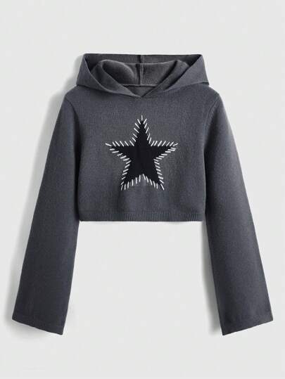 Grunge Punk Hooded Sweater With Five-pointed Star Pattern And Flared Sleeves