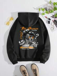 SHEIN EZwear Của phụ nữ Slogan In áo có mũ Lông cừu Áo nỉ - màu đen - Xem 1