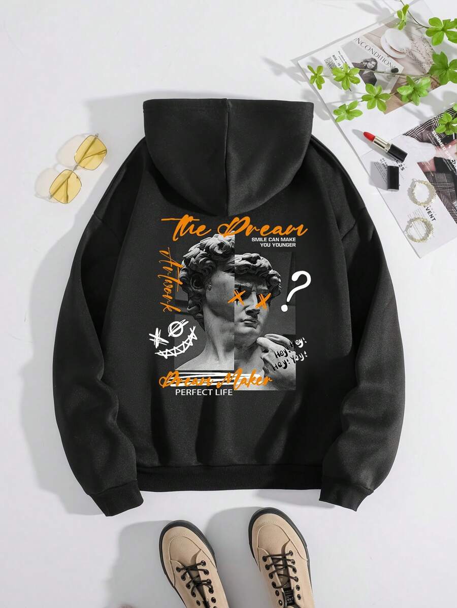 SHEIN EZwear Của phụ nữ Slogan In áo có mũ Lông cừu Áo nỉ - màu đen - Xem 1