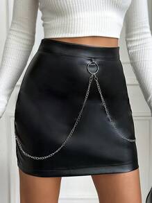SHEIN Cottnline Women's Pu Leather Skirt With Chain Detail - الأسود - مشاهدة 3