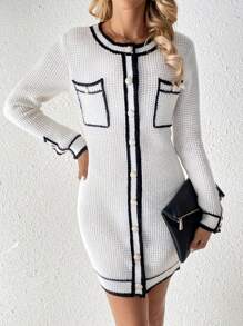 Chiquease Round Neck Long Sleeve Cardigan - Black and White - View 3
