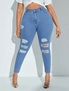 SHEIN SXY 大尺碼仿舊破洞高腰緊身牛仔褲 - 藍色 - 查看 4