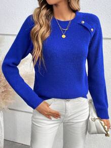 SHEIN Frenchy Women'S Round Neck Oversized Sweater With Raglan Sleeve Sleeve - Royal Blue - View 5