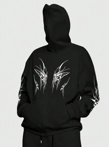 ROMWE MEN Men's Gothic Print Hooded Sweatshirt - Black - View 5