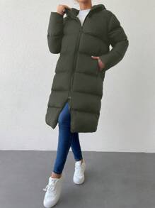 EURMUSE Zip Up Hooded Puffer Coat - Dark Green - View 7