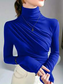 SHEIN Essnce Của phụ nữ Xếp li Tay áo dài Áo thun - Màu xanh lam - Xem 4