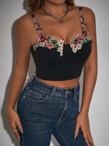 SHEIN Privé Hoa & Ren Nối Ngắn Áo ba lỗ Áo - màu đen - Xem 1