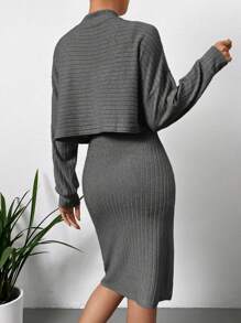 SHEIN Essnce Solid Color Rib Knitted 2-piece Set - Grey - View 3