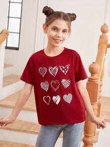 SHEIN 少女纯色圆领爱心图案针织T恤，母女装（两件分开出售），情人节 - 紅色 - 查看 6