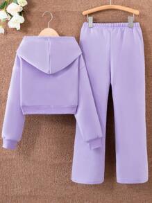 SHEIN Tween 女孩純色連帽休閒兩件套 - 紫色 - 查看 2