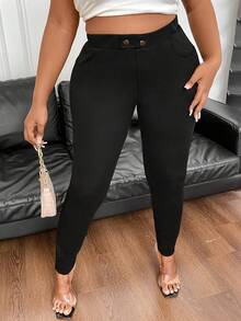 Flirla 大尺碼女士斜口袋修身打底褲 - 黑色 - 查看 7