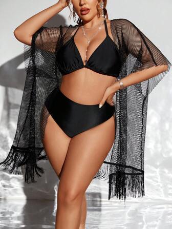 SHEIN Swim Curve 夏季加大码 1 件透明网眼和服，带流苏下摆