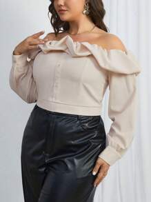 SHEIN Privé Plus Size Pleated Off Shoulder Top - Khaki - View 3