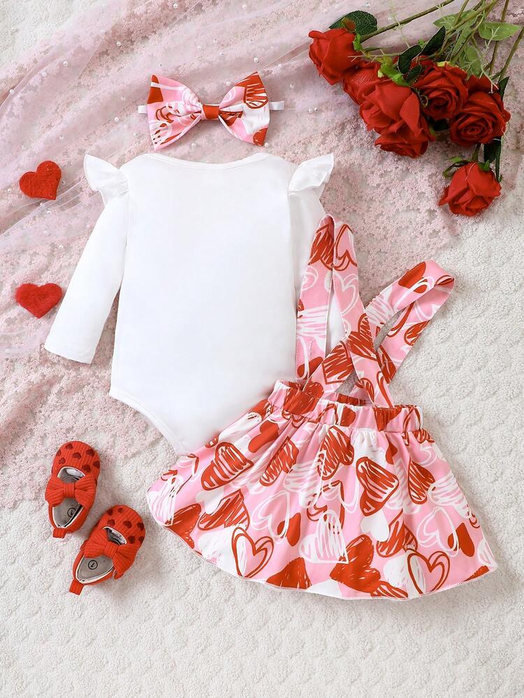 Valentine's Day, Baby Girl Fun Love Print Casual Bodysui + Suspenders Skirt Suit