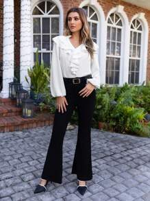 SHEIN Clasi Solid Color Lantern Sleeve Shirt With Ruffle Hem - White - View 6