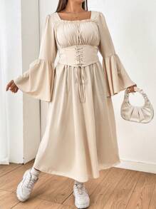Flirla 大碼女性腰帶鈴袖洋裝 - 杏色 - 查看 7