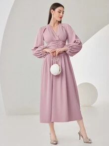 Modelyn Pearls Decorated Pleated Waist Lantern Sleeves Dress - Pink - View 3