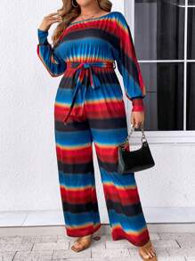 SHEIN LUNE Gestreifter Jumpsuit Mit Langen Ärmeln Und Gürtel Buchstabe Muster - Verschiedenfarbig - Übersicht 1