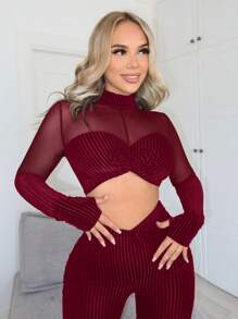 SHEIN SXY Mesh Panel Velvet Cropped Top And Pants Two Piece Set - Red - View 4