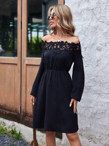 SHEIN Clasi Vestido De Manga Farol Decorado Con Encaje Y Hombros Descubiertos - Negro - Ver 5