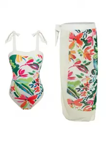 Swim Vcay Summer Beach Floral Print One-Piece Swimsuit And Beach Skirt