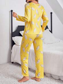 Ladies' Feather Patterned Pajama Set, Fall Winter Clothes - Yellow - View 3