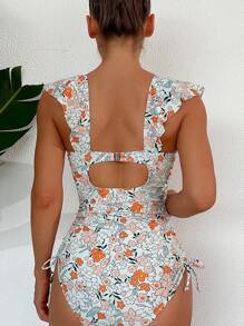 SHEIN Swim Ruffled One-Piece Swimsuit With Drawstring And Pleats, Ditsy Floral Print Summer - Multicolor - View 2