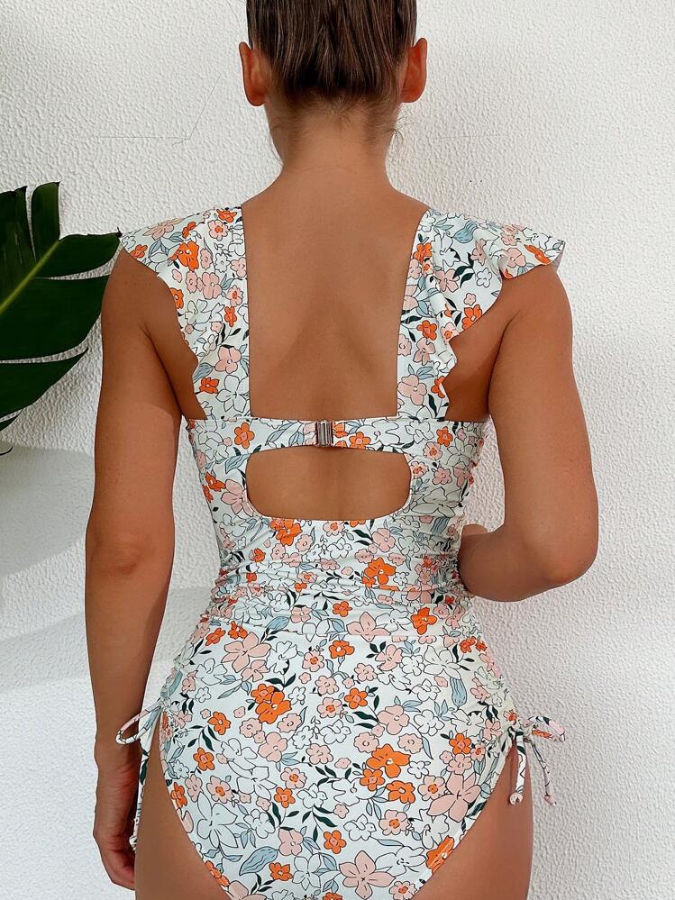 SHEIN Swim 荷叶边连体泳衣，带抽绳和褶皱，碎花印花夏季 - 彩色 - 查看 2