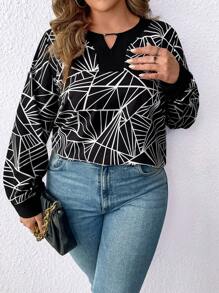 SHEIN LUNE Plus Size Button Down Shirt With Keyhole Collar And Long Sleeves - Black and White - View 1