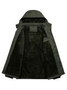 Manfinity Homme Men Removable Hat Flap Pocket Drawstring Hooded Thermal Lined Padded Coat, Men Winter Jacket, Men Olive Green Jacket, Men Cargo Jacket - Army Green - View 3