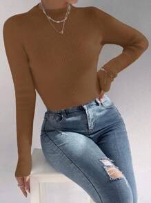 Chiquease Jersey de cuello alto de punto acanalado para otoño e invierno - Café integral - Ver 4