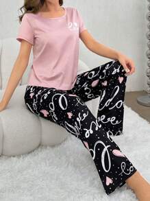 Cute Pink Women Pajama Set With Round Neck Top And Geometric Print Pants For Sleepwear - Pink - View 6