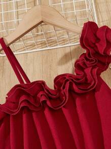 SHEIN 少女心形印花不对称无领系带无袖连衣裙 - 紅色 - 查看 7