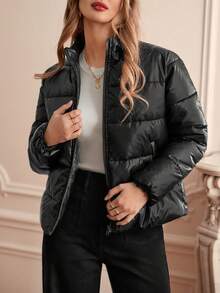 SHEIN Frenchy Short Women's Padded Coat With Stand-Up Collar In Shiny Winter Fabric With Side Pockets - Black - View 3