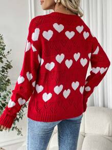 Chiquease Heart Pattern Drop Shoulder Sweater Knit Pullover Fall Winter Outfit - Red - View 2