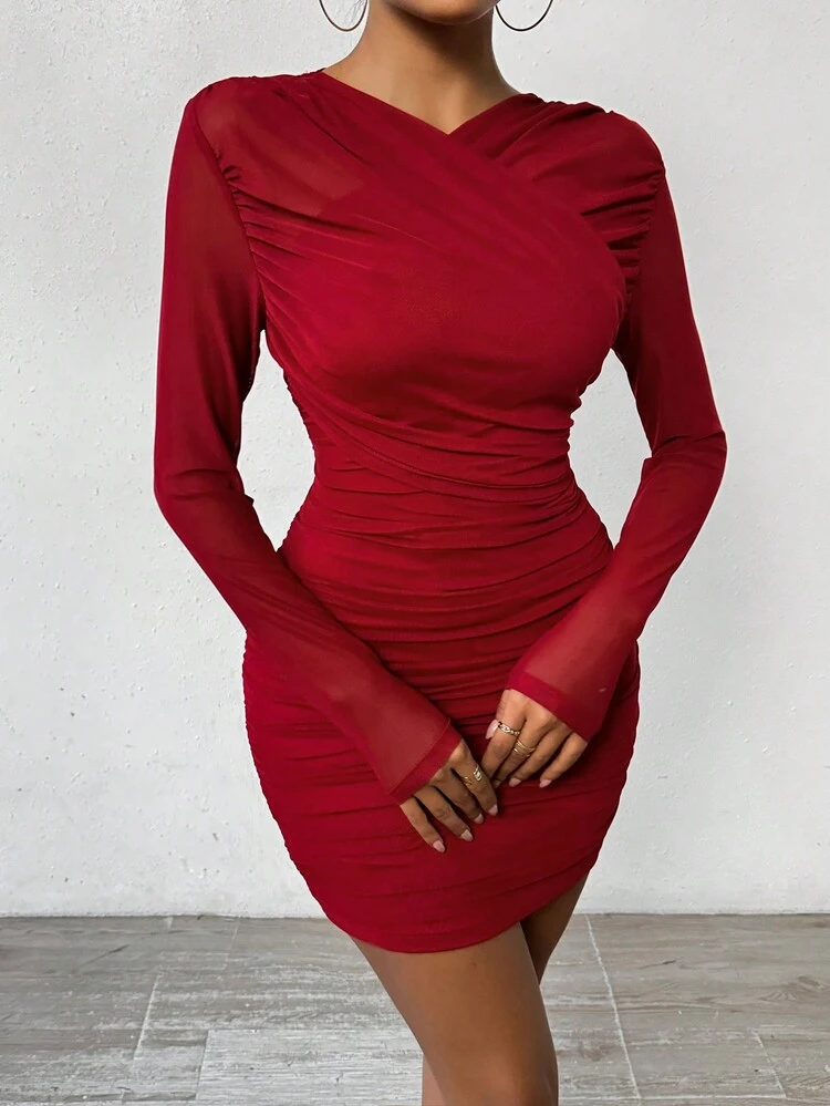 Women's Slim Fit Pleated Long Sleeve Dress