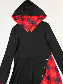 SHEIN LUNE 女士格紋拼接扣細節扭結連帽毛衣裙 - 黑色 - 查看 3